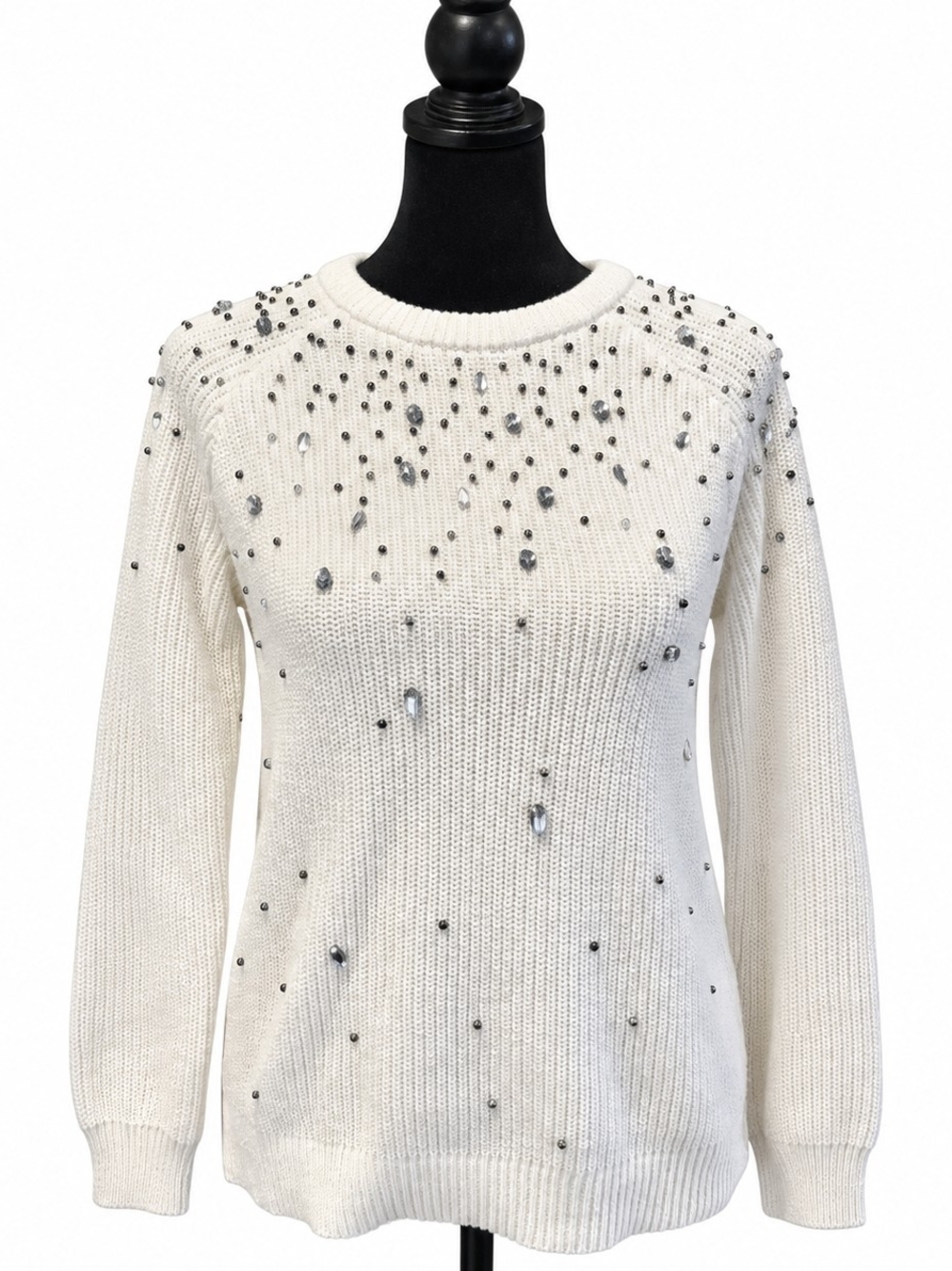 INC International Concepts Ivory Rhinestone Jeweled Sweater S